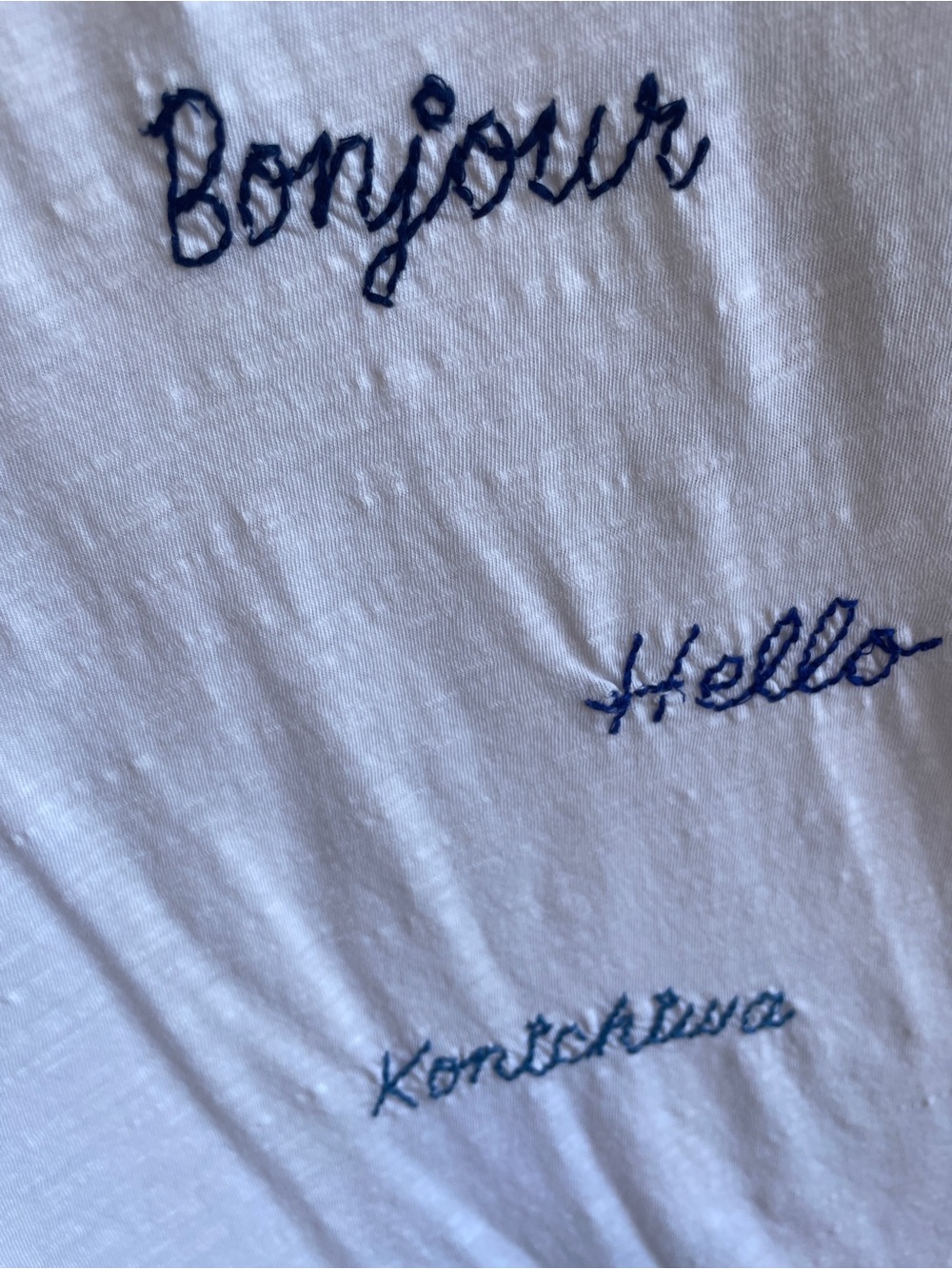 Lucky Brand White Short-Sleeve Embroidered Greeting Tee Bonjour Hola Hello SZ 1X